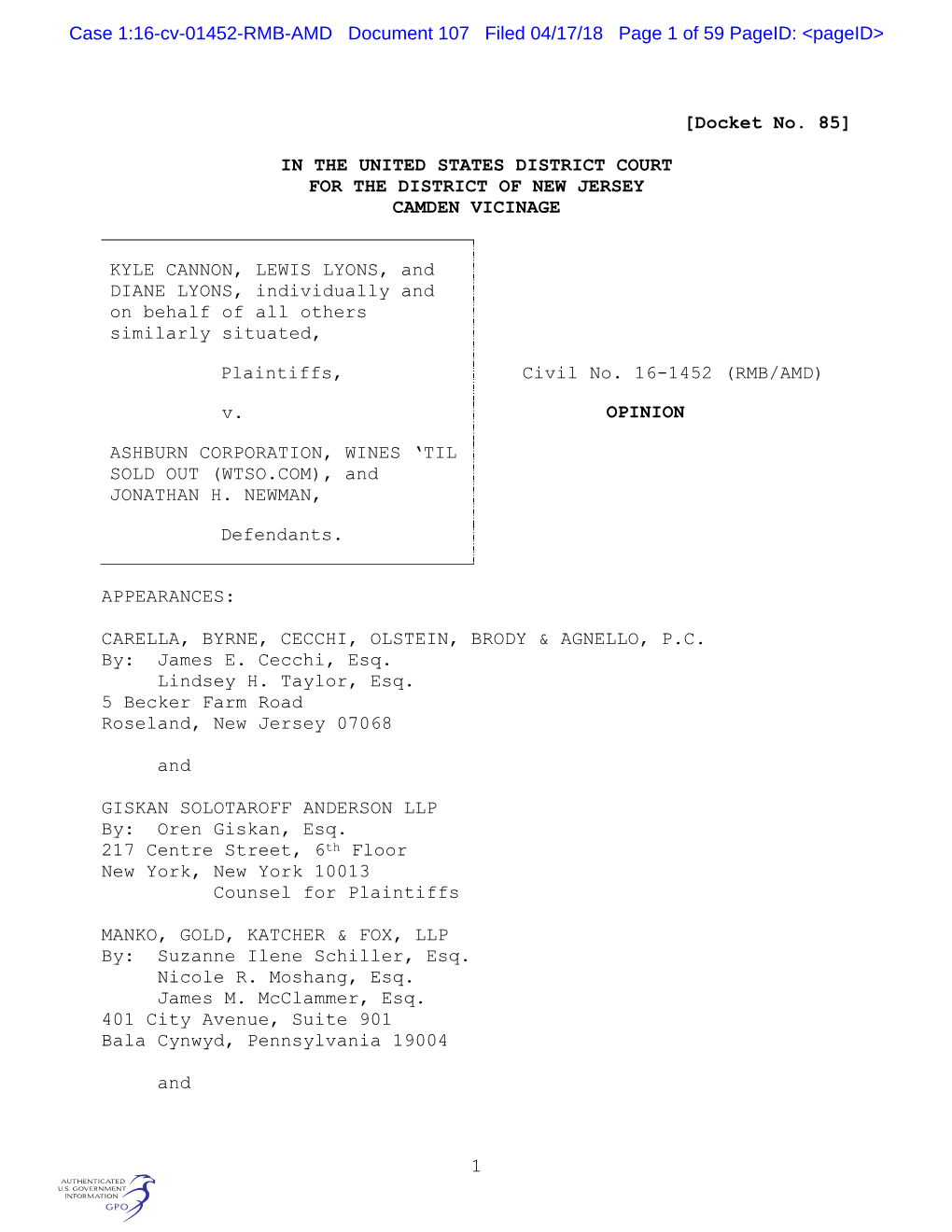 1 [Docket No. 85] in the UNITED STATES DISTRICT