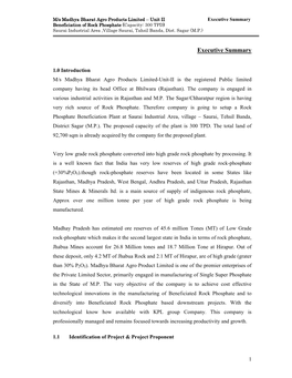 Executive Summary Beneficiation of Rock Phosphosphatephate ((Capacity: 300 TPD)))) Saurai Industrial Area ,Village Saurai, Tahsil Banda, Dist