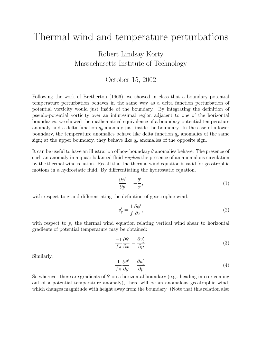 Thermal Wind and Temperature Perturbations