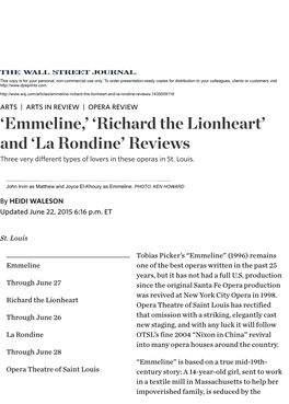 'Emmeline,' 'Richard the Lionheart' and 'La Rondine' Reviews