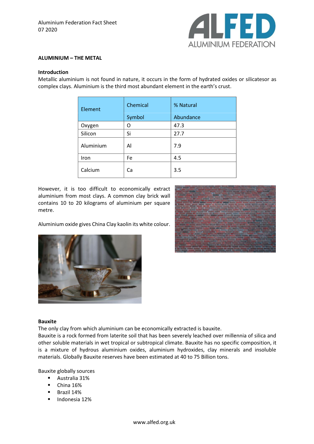 Aluminium Federation Fact Sheet 07 2020 ALUMINIUM – the METAL Introduction Metallic Aluminium Is Not Found In