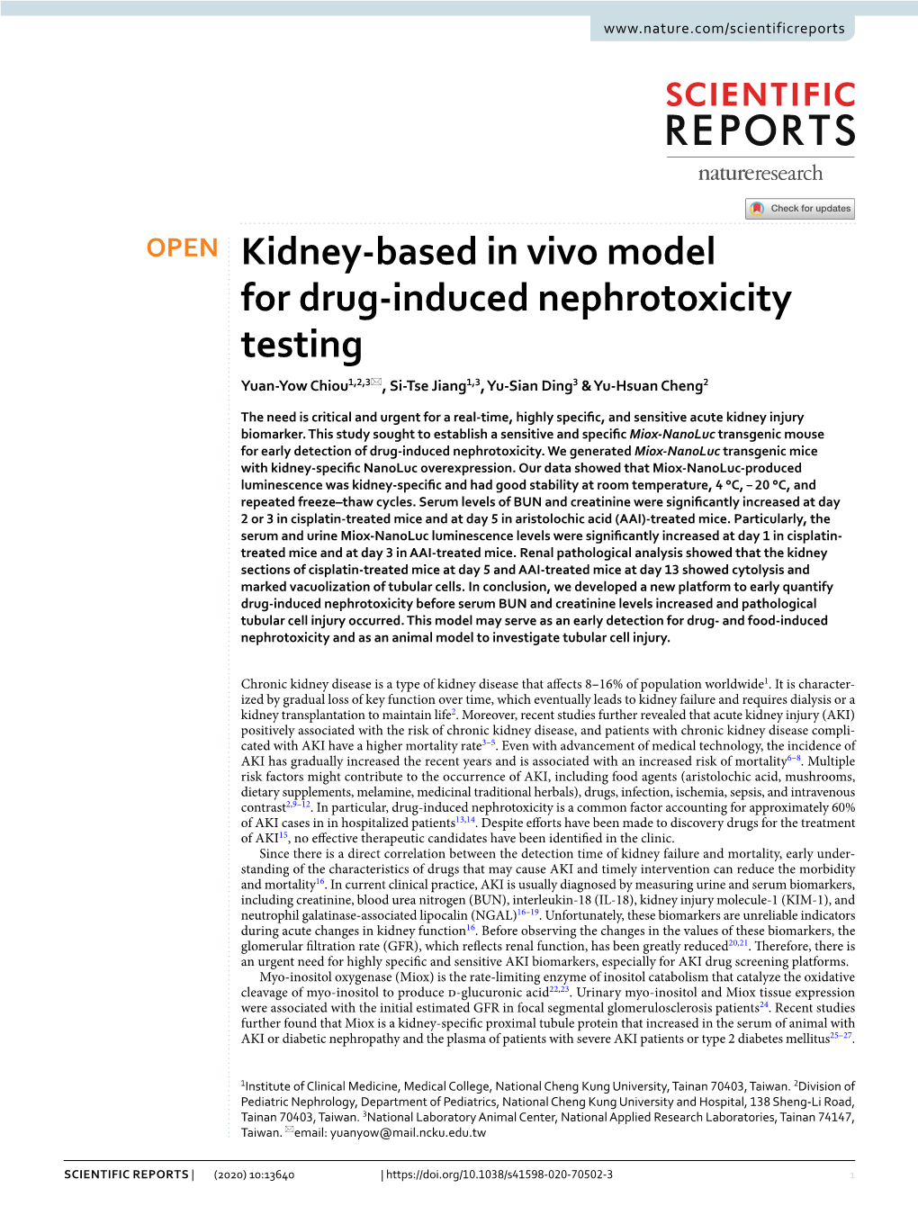 Kidney-Based in Vivo Model for Drug-Induced Nephrotoxicity Testing