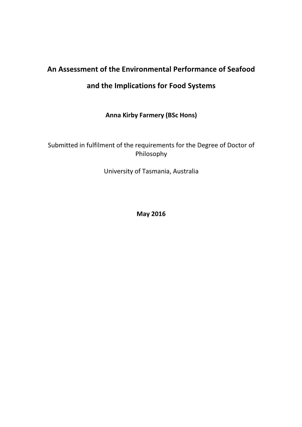 An Assessment of the Environmental Performance of Seafood and The