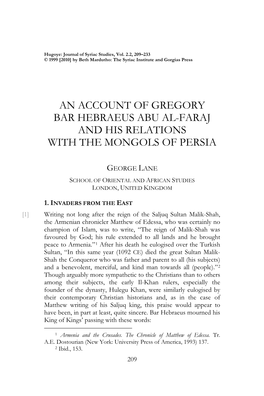 An Account of Gregory Bar Hebraeus Abu Al-Faraj and His Relations with the Mongols of Persia