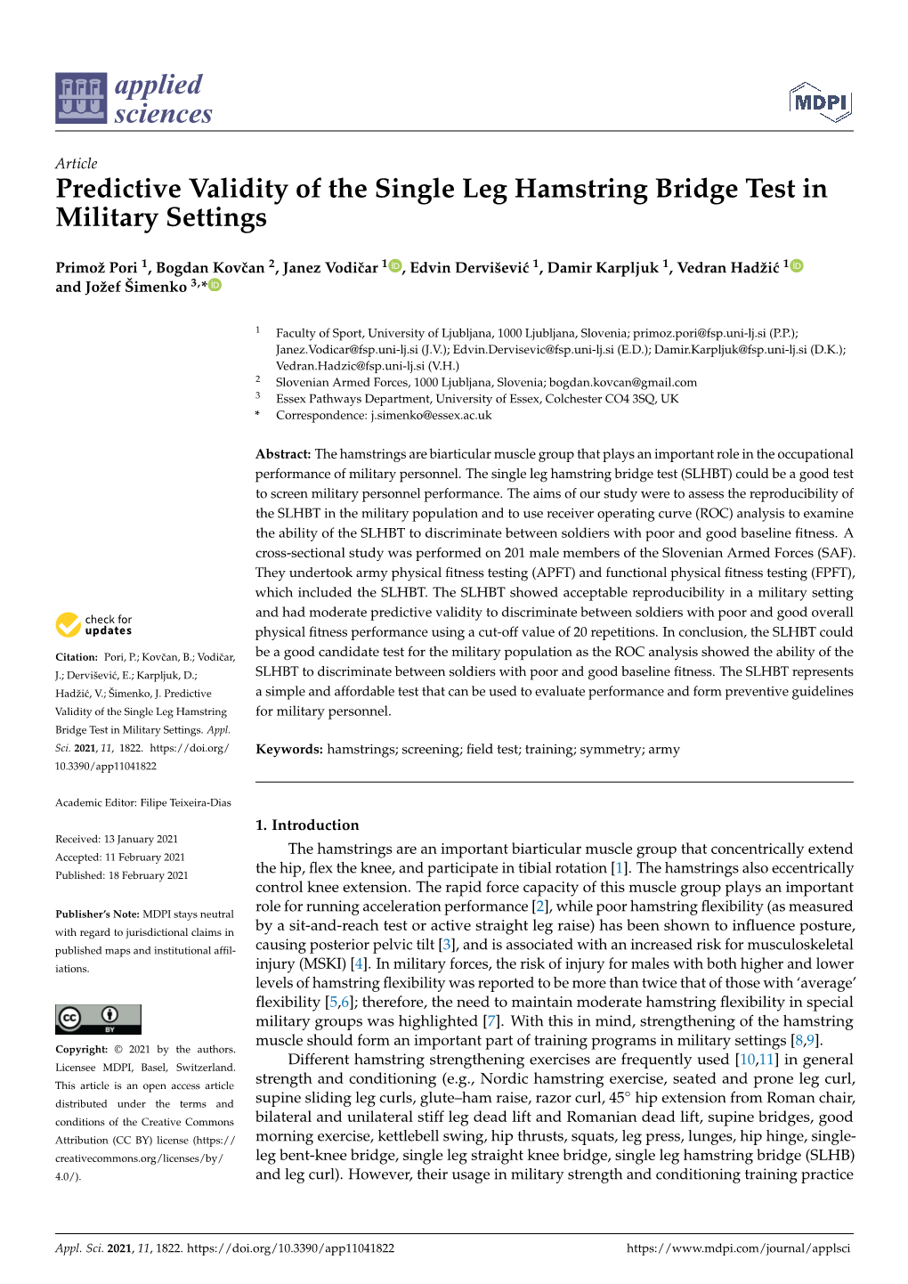 Predictive Validity of the Single Leg Hamstring Bridge Test in Military Settings