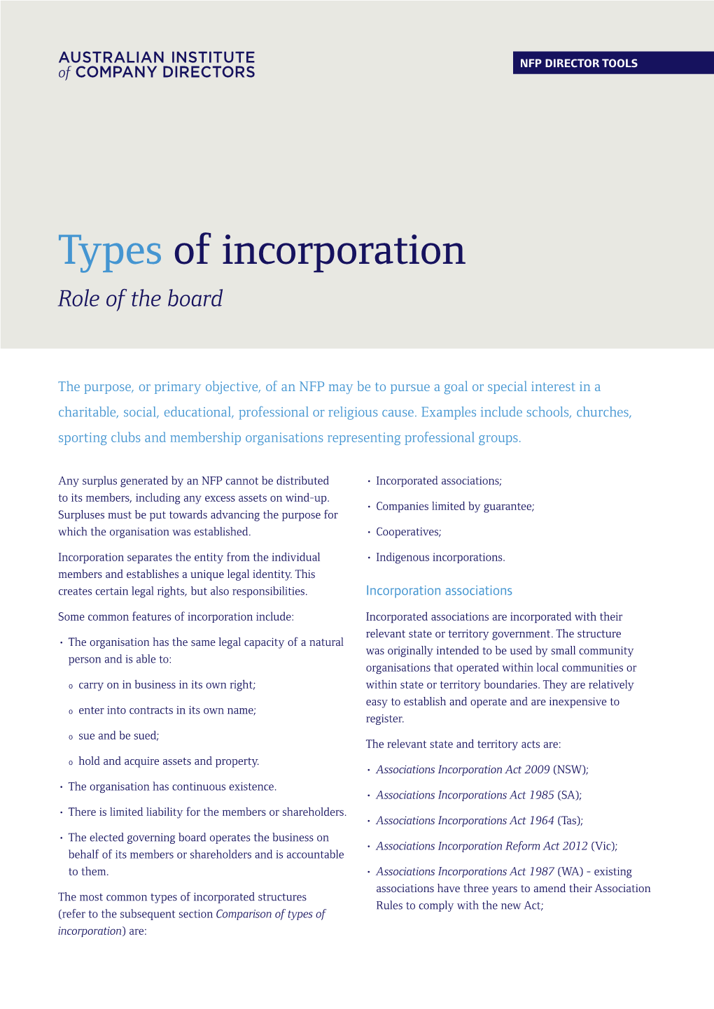 Types of Incorporation Role of the Board