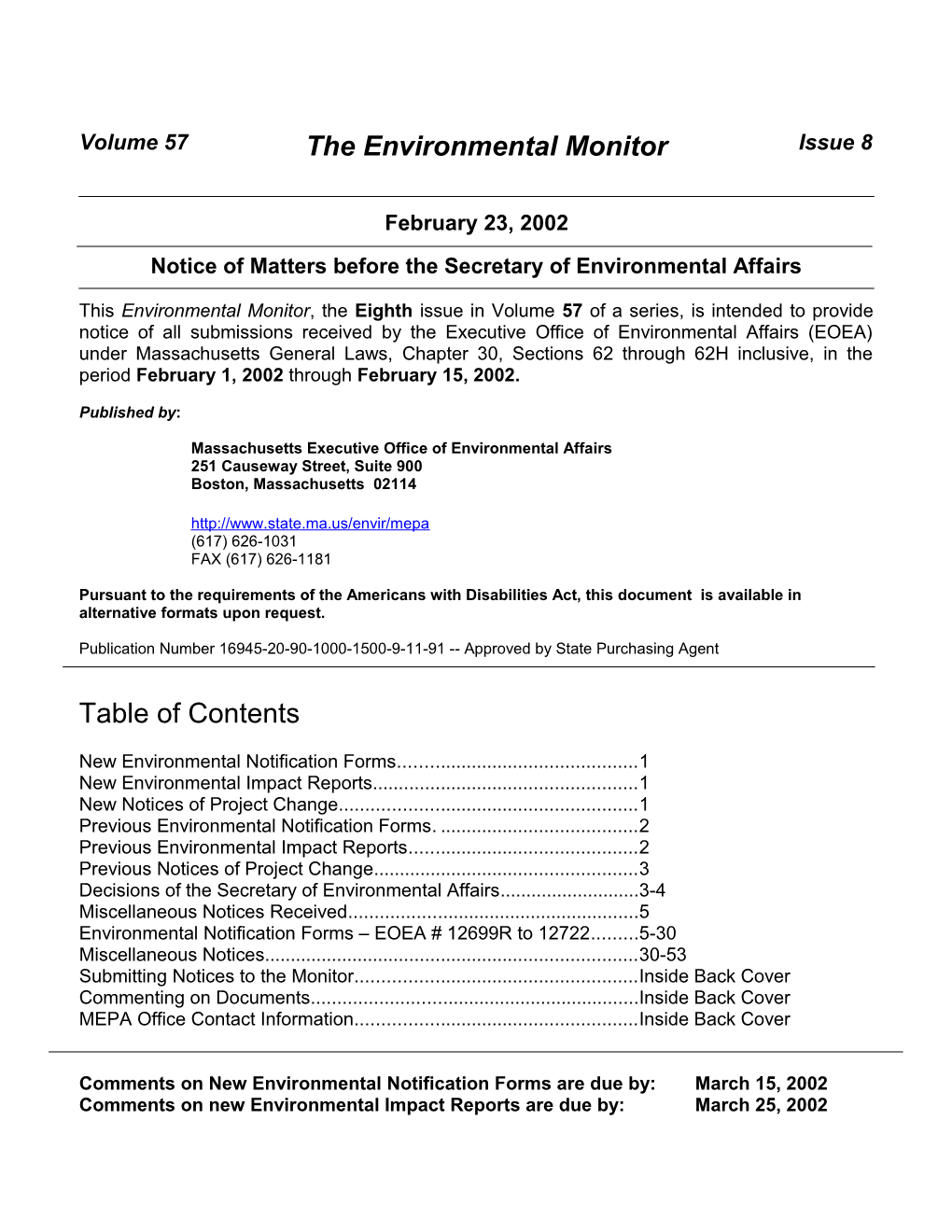 Volume 55 the ENVIRONMENTAL MONITOR Number 5