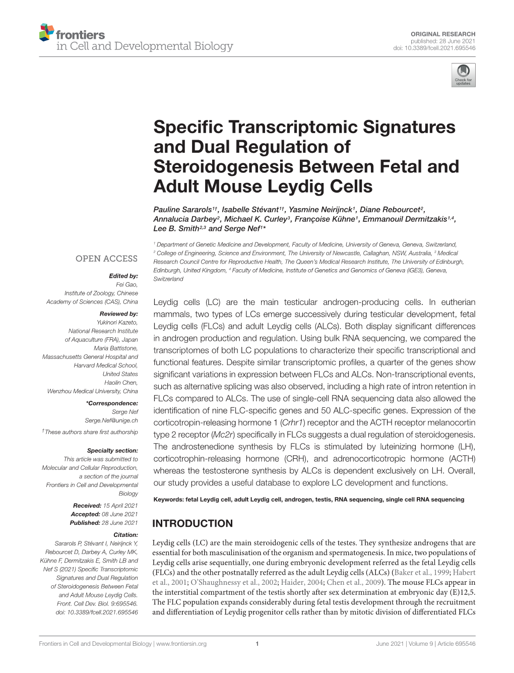 Specific Transcriptomic Signatures and Dual Regulation of Steroidogenesis Between Fetal and Adult Mouse Leydig Cells