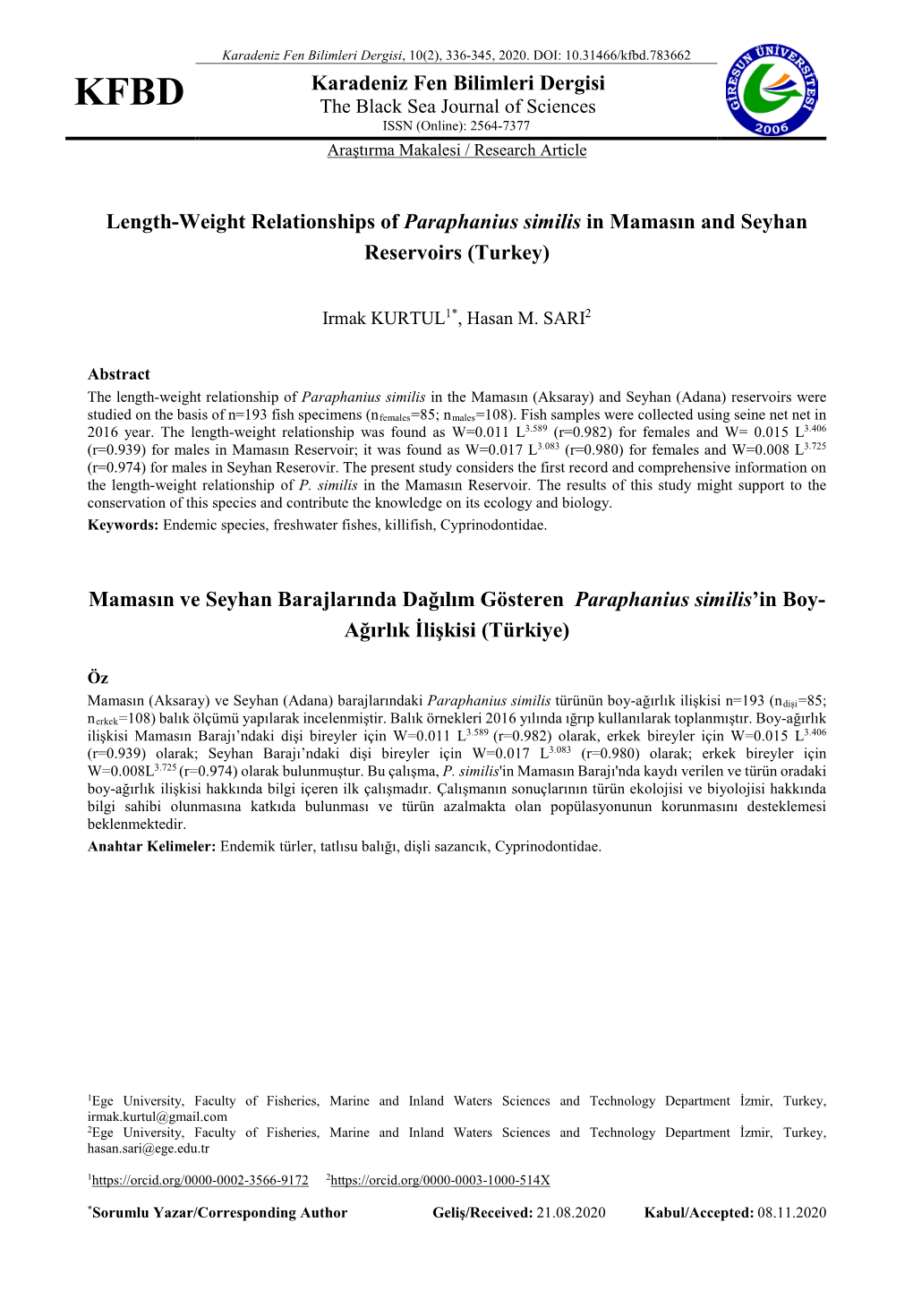 Karadeniz Fen Bilimleri Dergisi Length-Weight