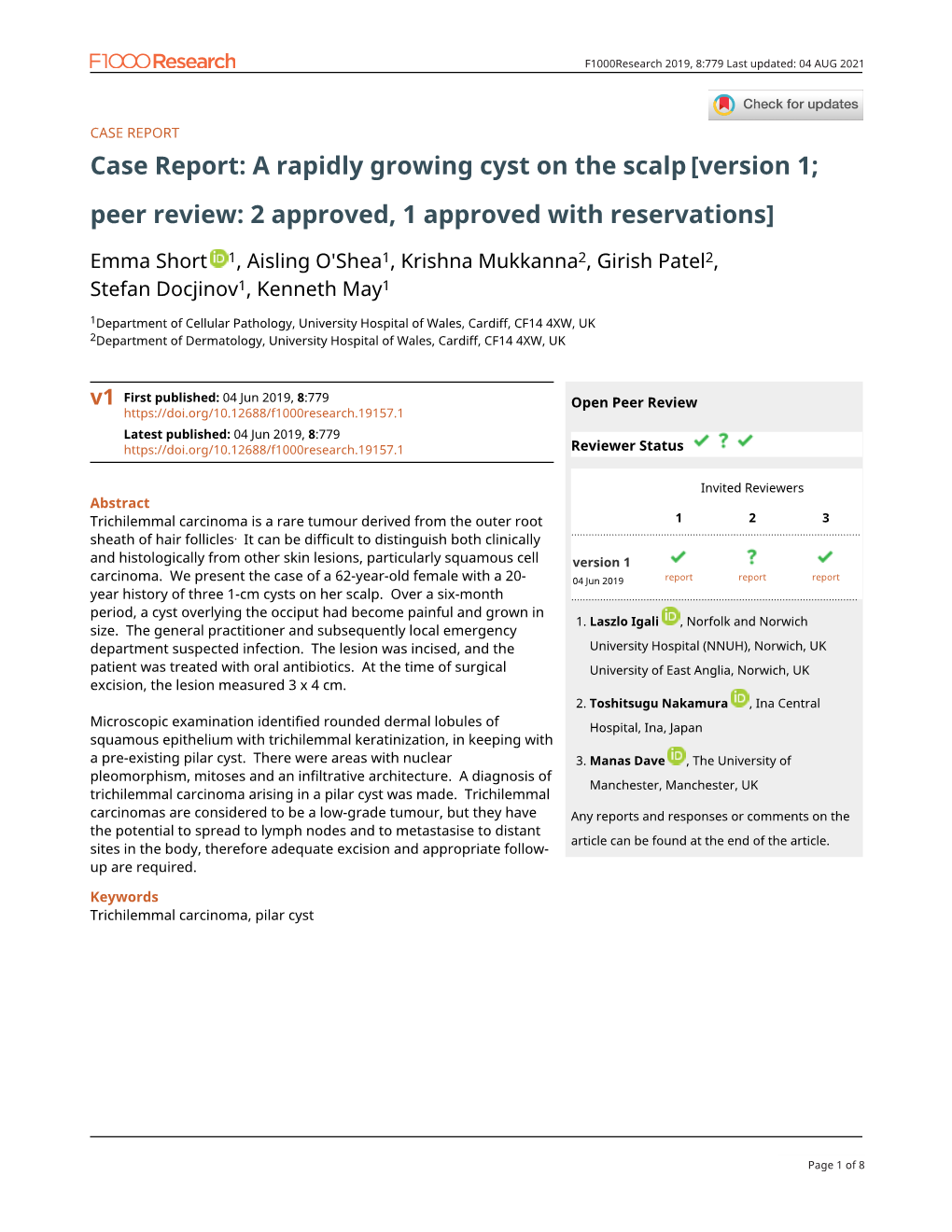 Case Report: a Rapidly Growing Cyst on the Scalp[Version 1; Peer Review