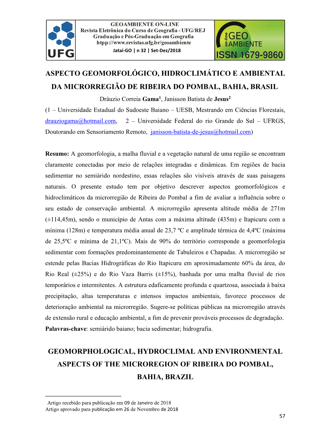 Aspecto Geomorfológico, Hidroclimático E Ambiental Da