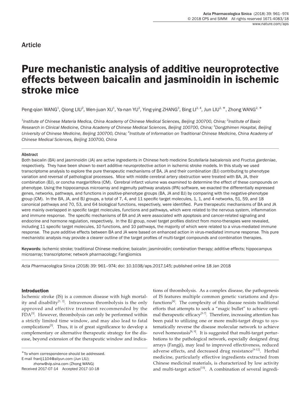 Pure Mechanistic Analysis of Additive Neuroprotective Effects Between Baicalin and Jasminoidin in Ischemic Stroke Mice