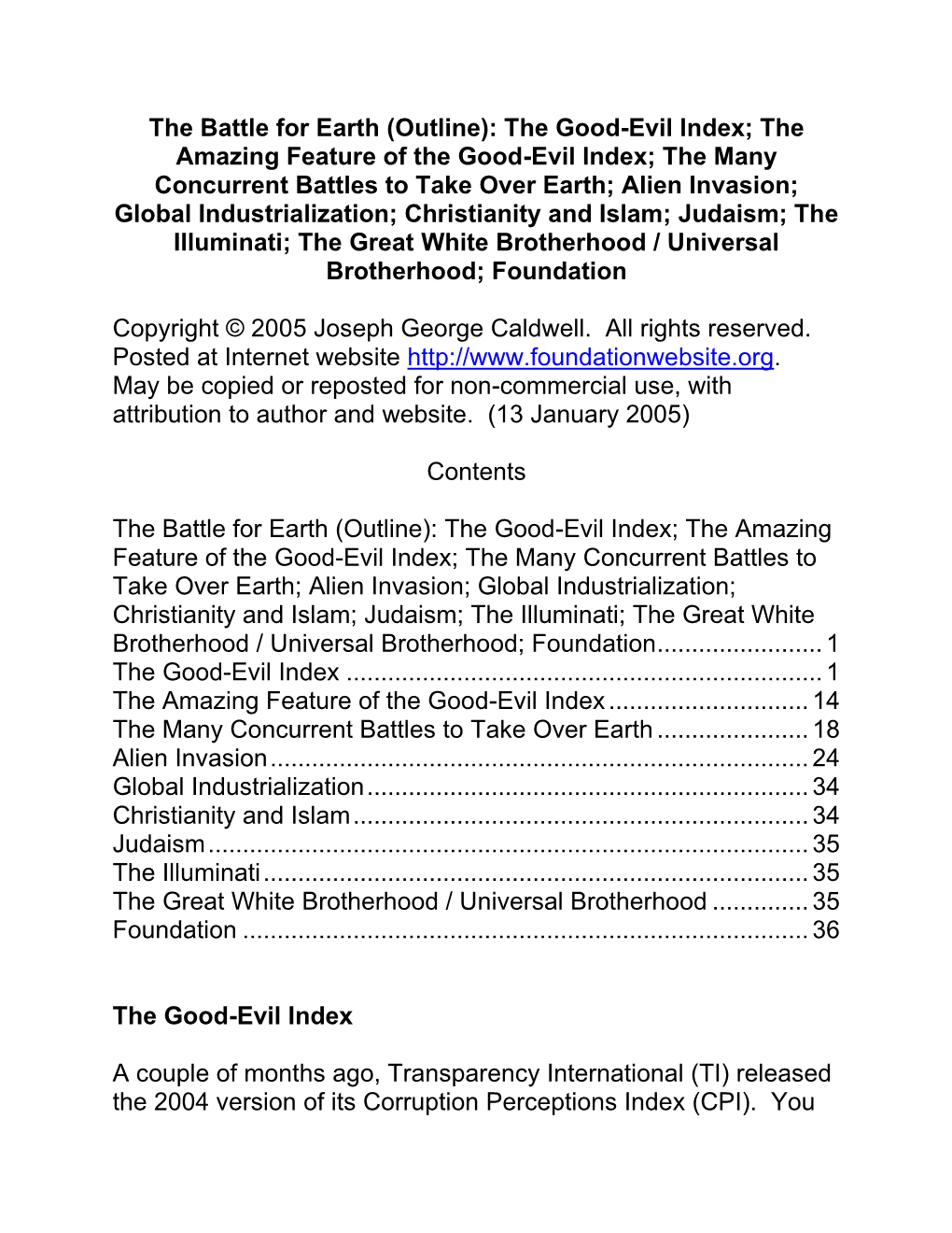 The Battle for Earth (Outline): the Good-Evil Index; the Amazing