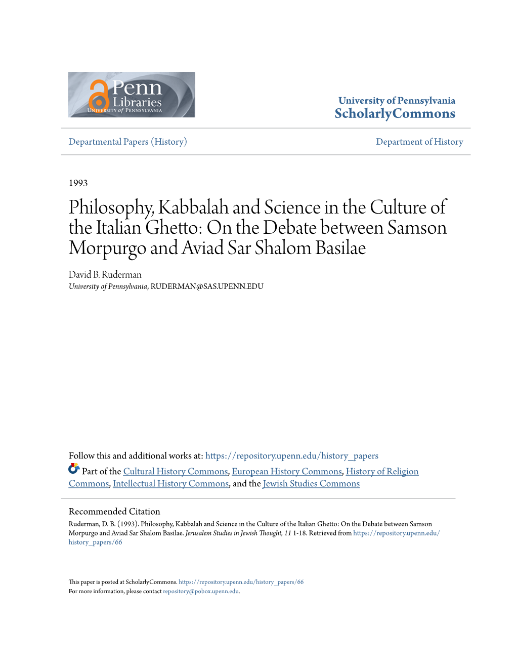 Philosophy, Kabbalah and Science in the Culture of the Italian Ghetto: on the Debate Between Samson Morpurgo and Aviad Sar Shalom Basilae David B