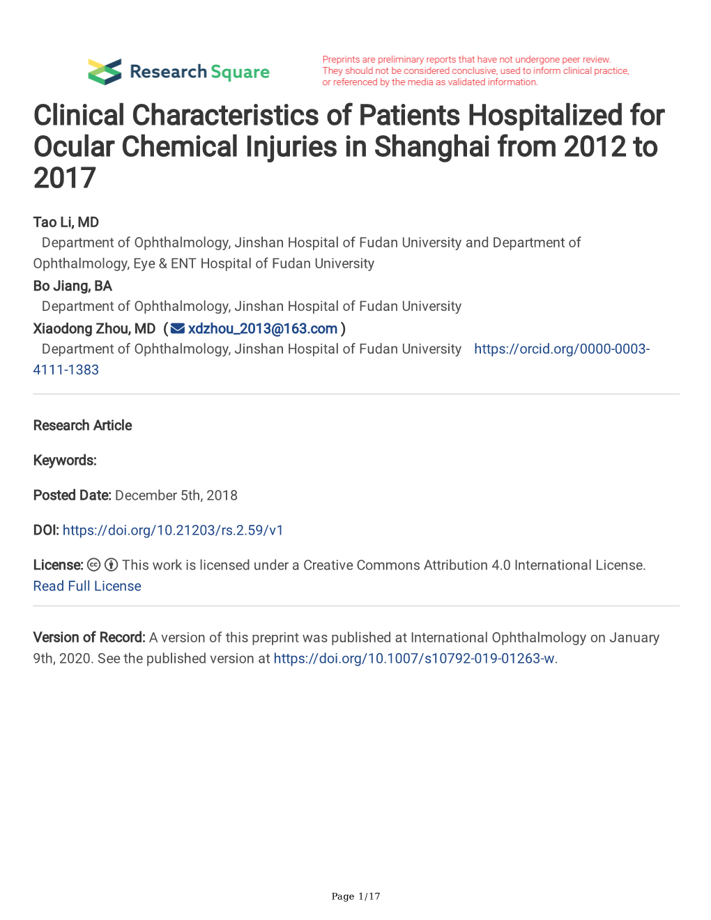 Clinical Characteristics of Patients Hospitalized for Ocular Chemical Injuries in Shanghai from 2012 to 2017