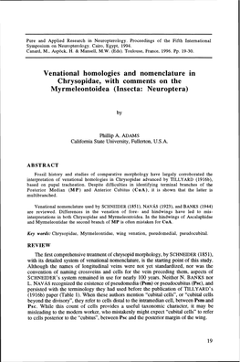 Venational Homologies and Nomenclature in Chrysopidae, with Comments on the Myrmeleontoidea (Insecta: Neuroptera)