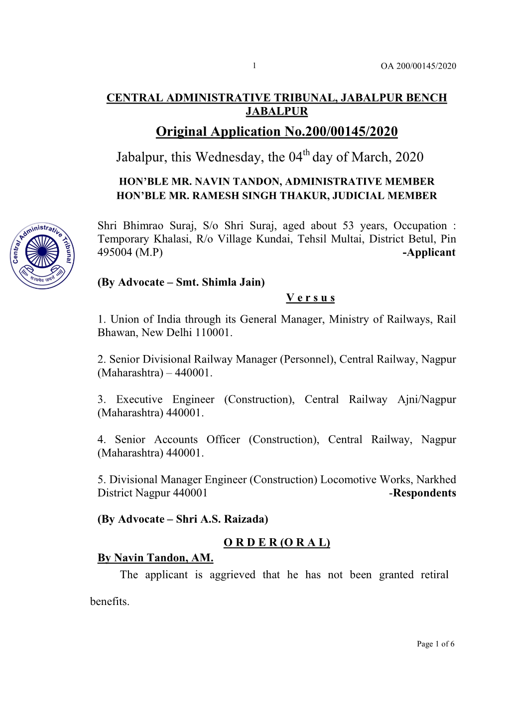 Original Application No.200/00145/2020 Jabalpur, This Wednesday