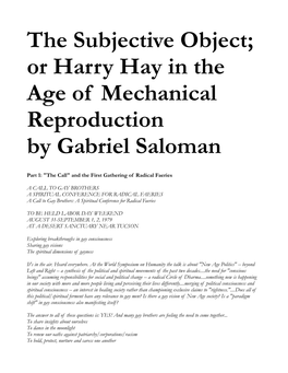 The Subjective Object; Or Harry Hay in the Age of Mechanical Reproduction by Gabriel Saloman