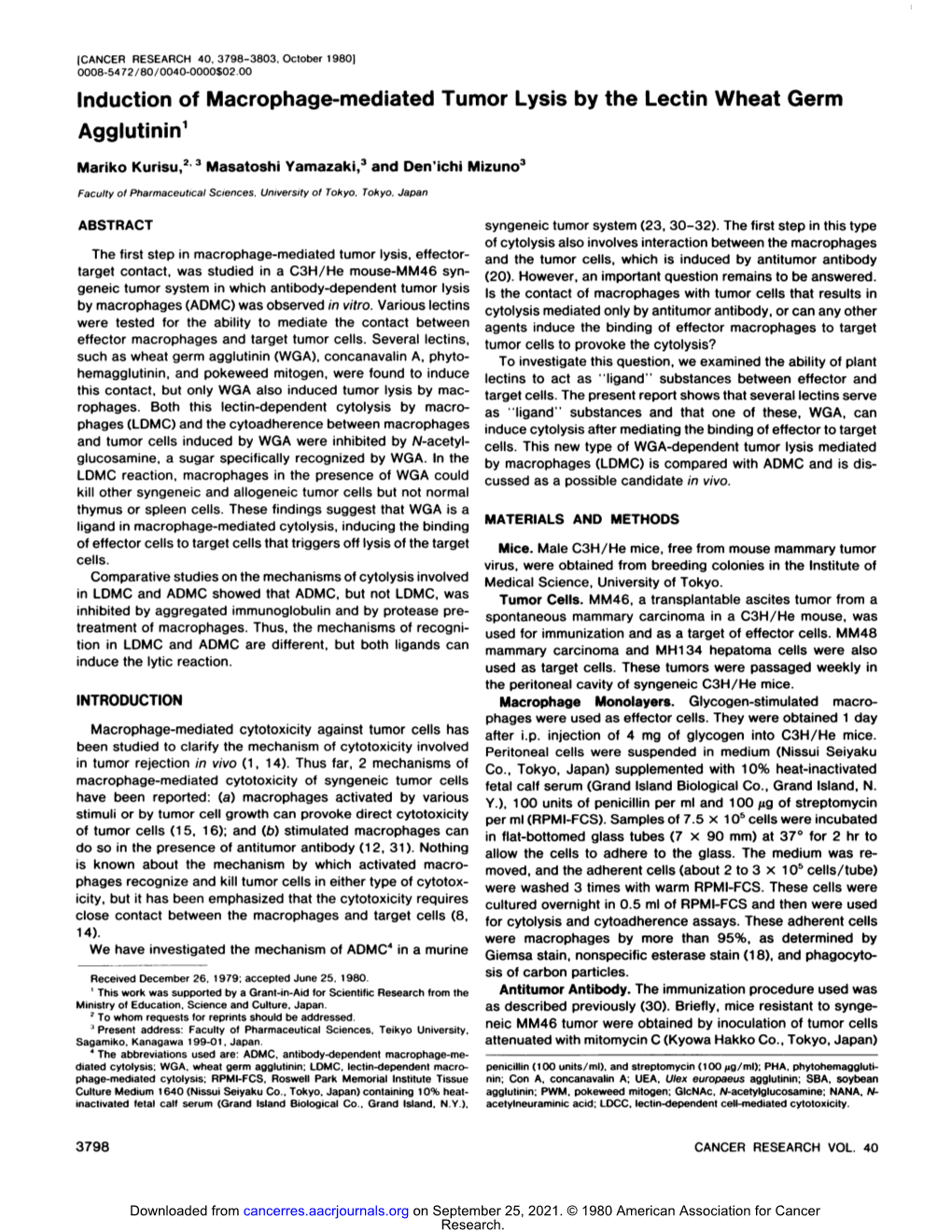 Induction of Macrophage-Mediated Tumor Lysis by the Lectin Wheat Germ Agglutinili1