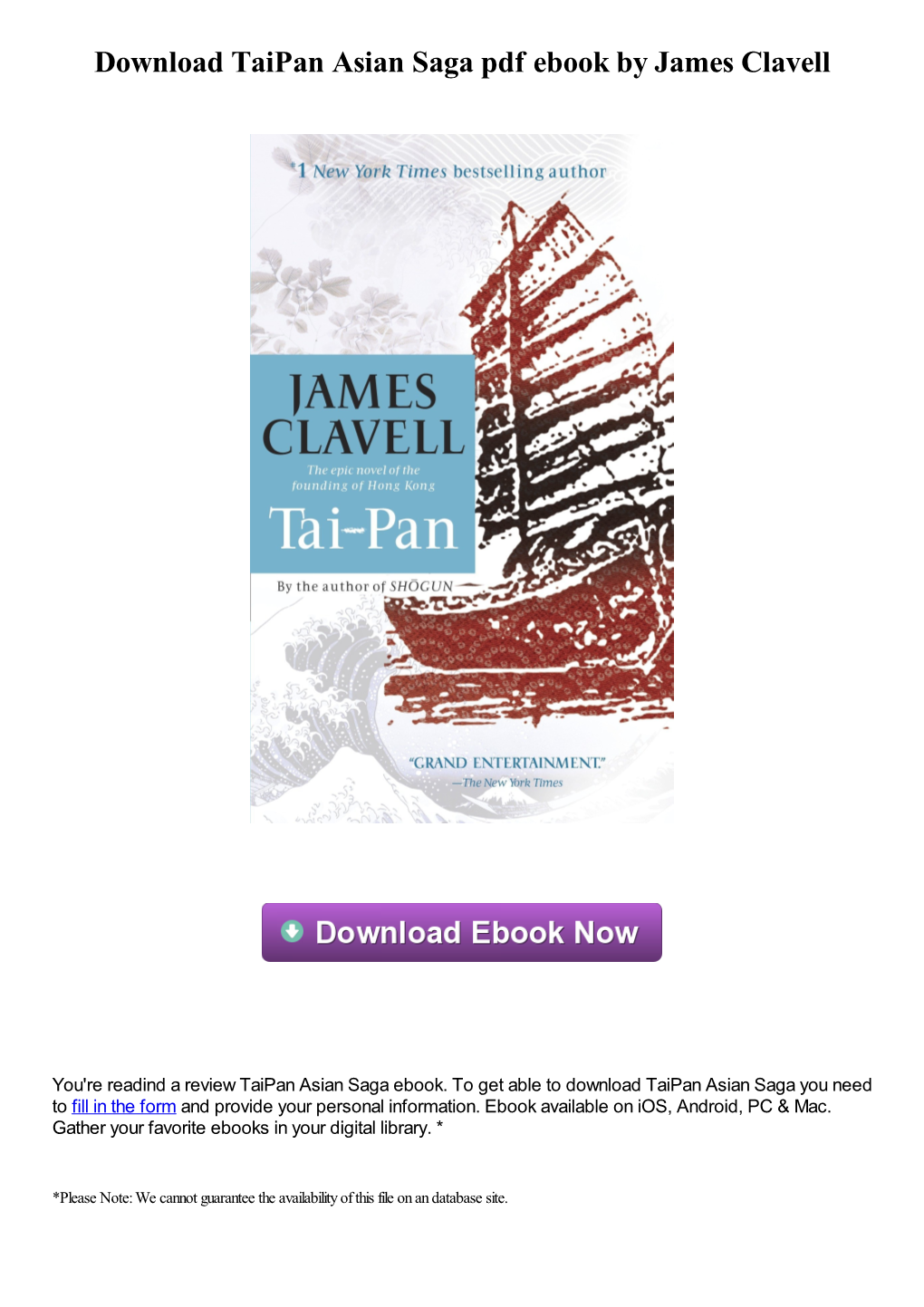 Download Taipan Asian Saga Pdf Book by James Clavell