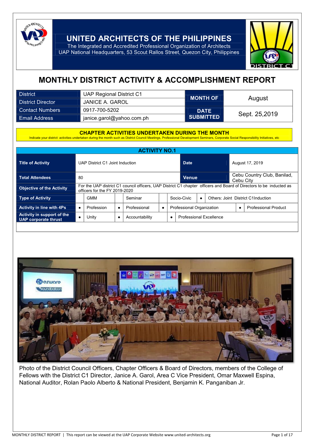 UAP District C1 Joint Induction Date August 17, 2019