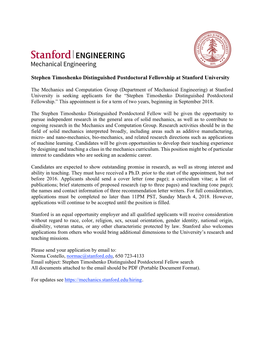 Stephen Timoshenko Distinguished Postdoctoral Fellowship at Stanford University
