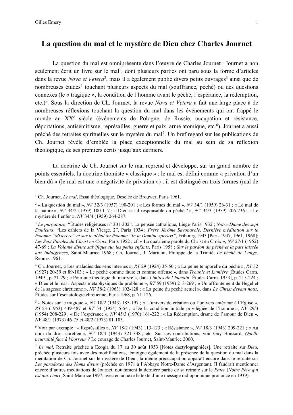 La Question Du Mal Et Le Mystère De Dieu Chez Charles Journet