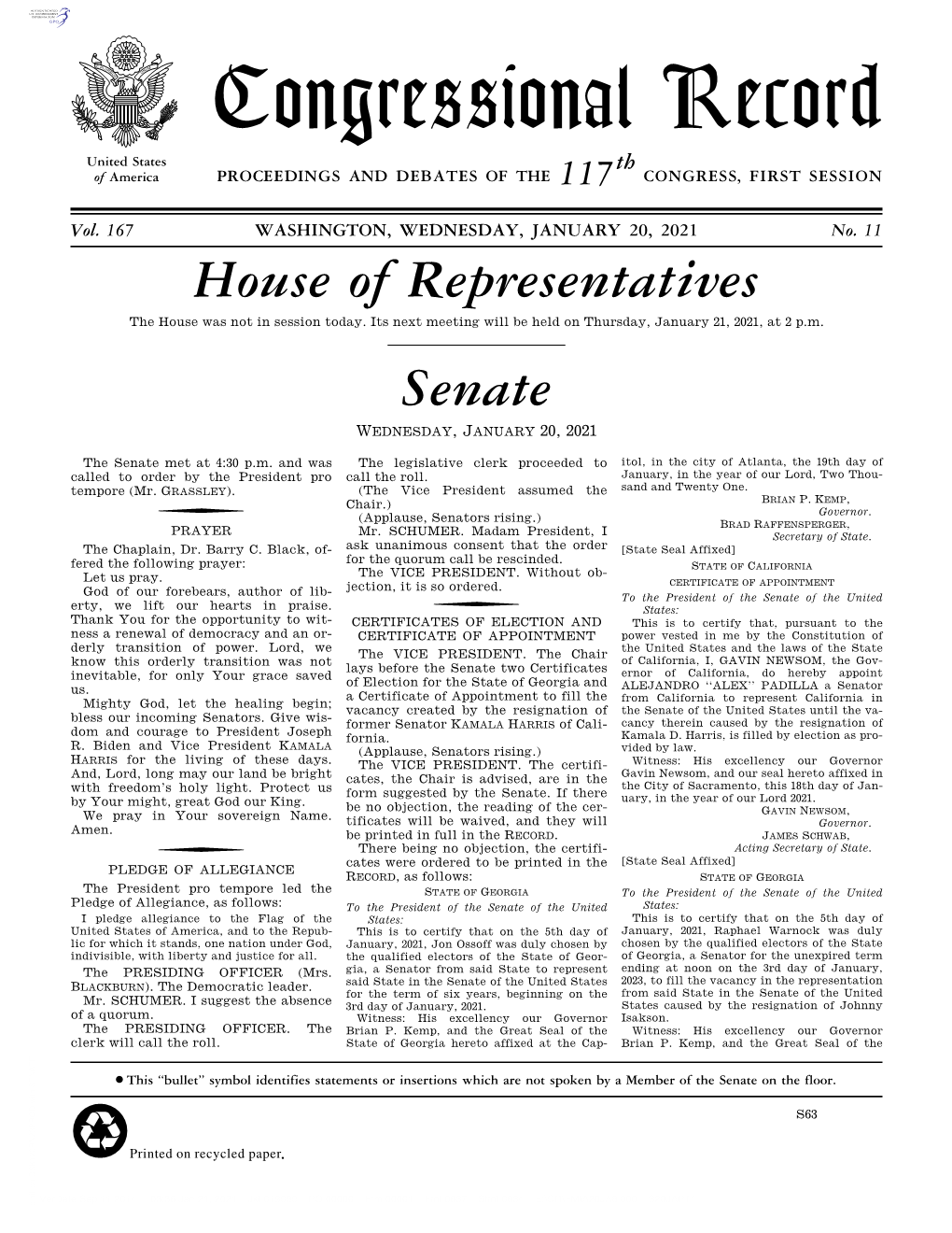 Congressional Record United States Th of America PROCEEDINGS and DEBATES of the 117 CONGRESS, FIRST SESSION