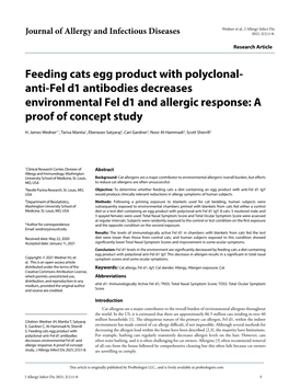 Feeding Cats Egg Product with Polyclonal-Anti-Fel D1 Antibodies Decreases Environmental Fel D1 and Allergic Response: a Proof of Concept Study