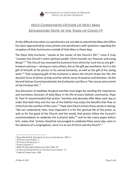 Holy Communion Outside of Holy Mass Explanatory Note in the Times of Covid-19