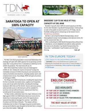 Saratoga to Open at 100% Capacity