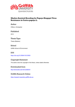 Marker-Assisted Breeding for Papaya Ringspot Virus Resistance in Carica Papaya L