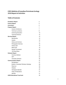 CSPG Bulletin of Canadian Petroleum Geology 2010 Report of Activities