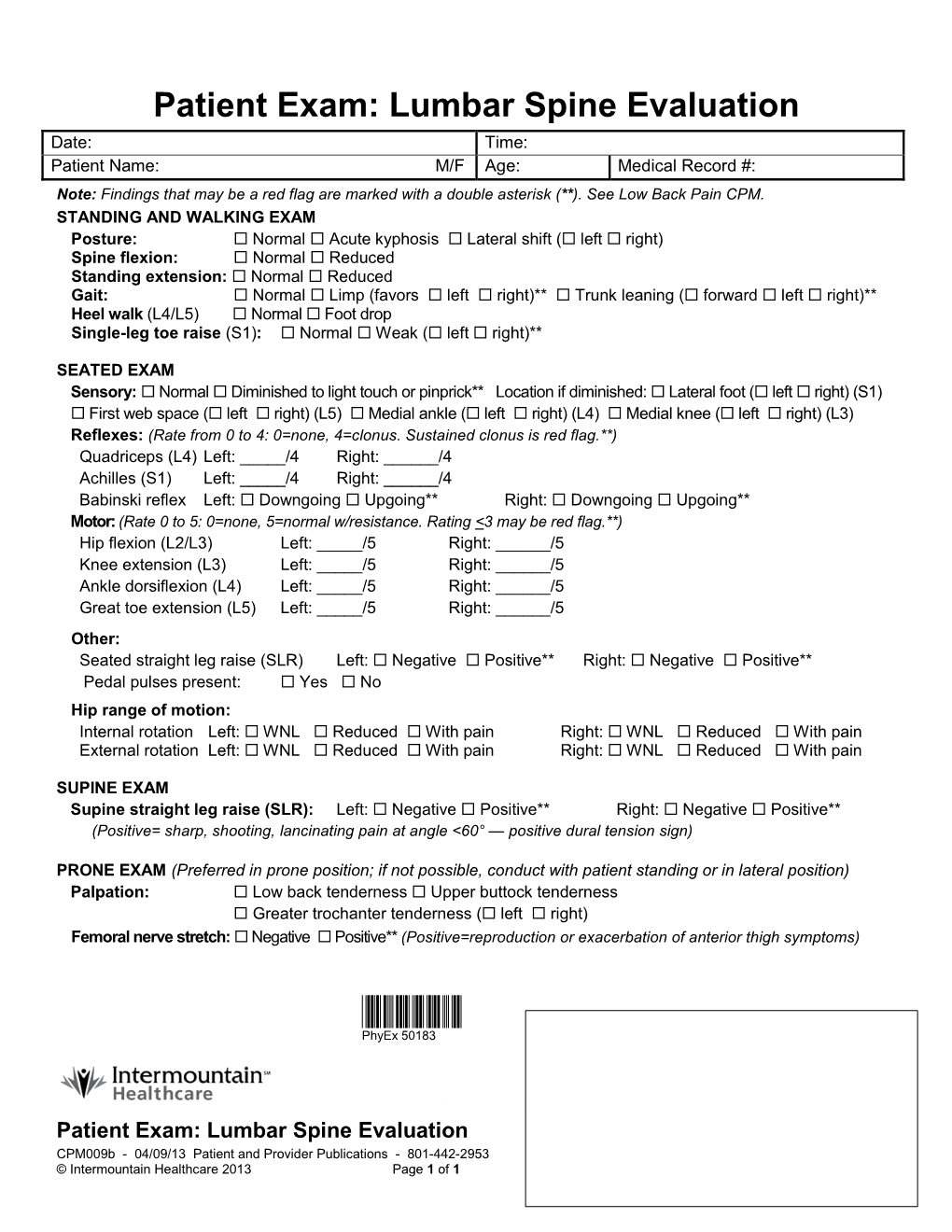 Patient Exam: Lumbar Spine Evaluation