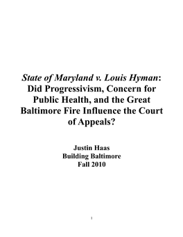 State of Maryland V. Louis Hyman: Did Progressivism, Concern for Public Health, and the Great Baltimore Fire Influence the Court of Appeals?