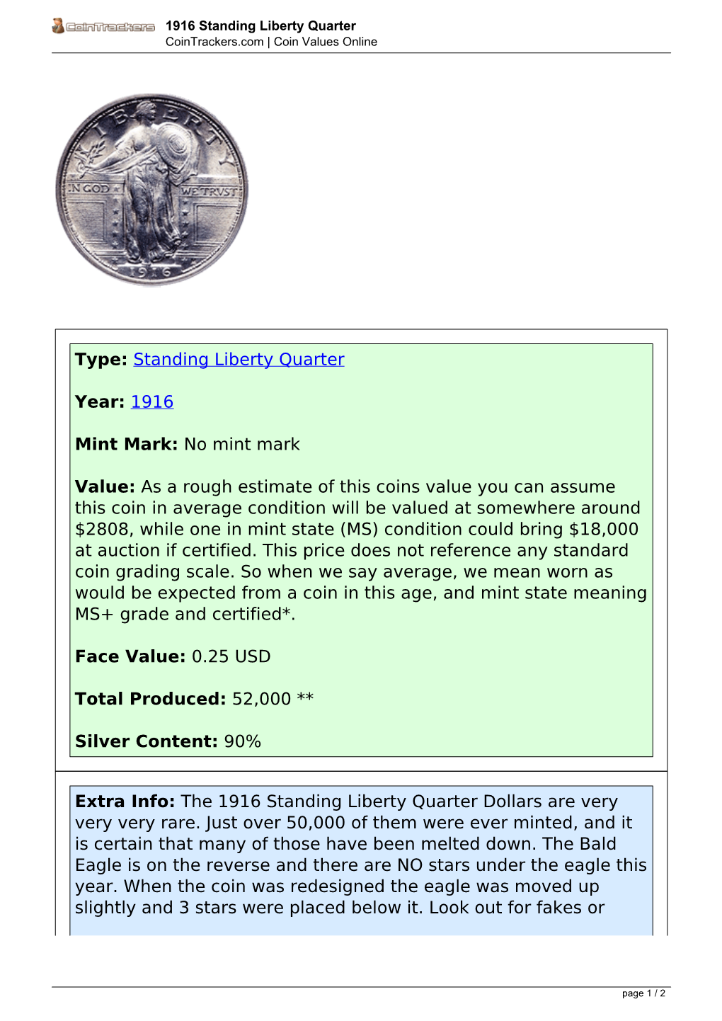 1916 Standing Liberty Quarter Cointrackers.Com | Coin Values Online
