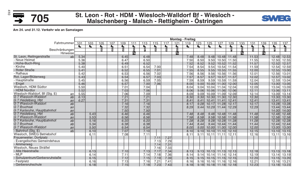 St. Leon - Rot - HDM - Wiesloch-Walldorf Bf - Wiesloch - 705 Malschenberg - Malsch - Rettigheim - Östringen