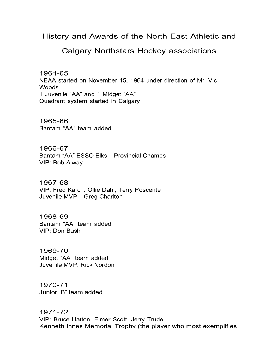 History and Awards of the North East Athletic and Calgary Northstars