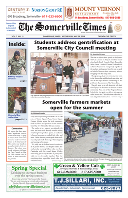 MAY 29, 2019 TWENTY-FIVE CENTS Inside: Students Address Gentrification at Somerville City Council Meeting