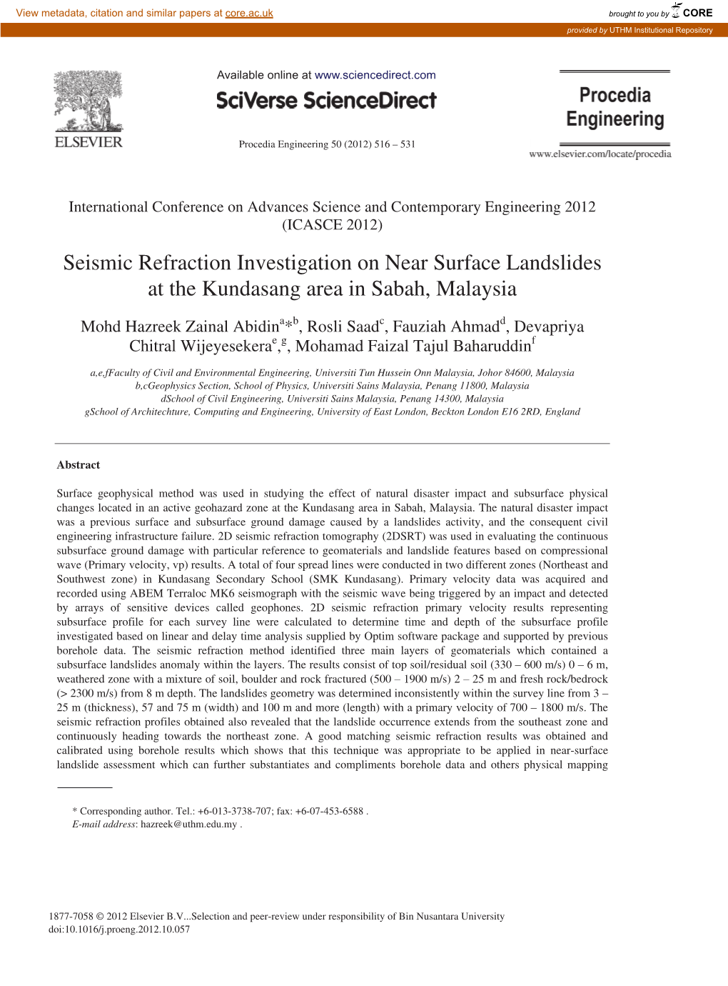 Seismic Refraction Investigation on Near Surface Landslides at the Kundasang Area in Sabah, Malaysia