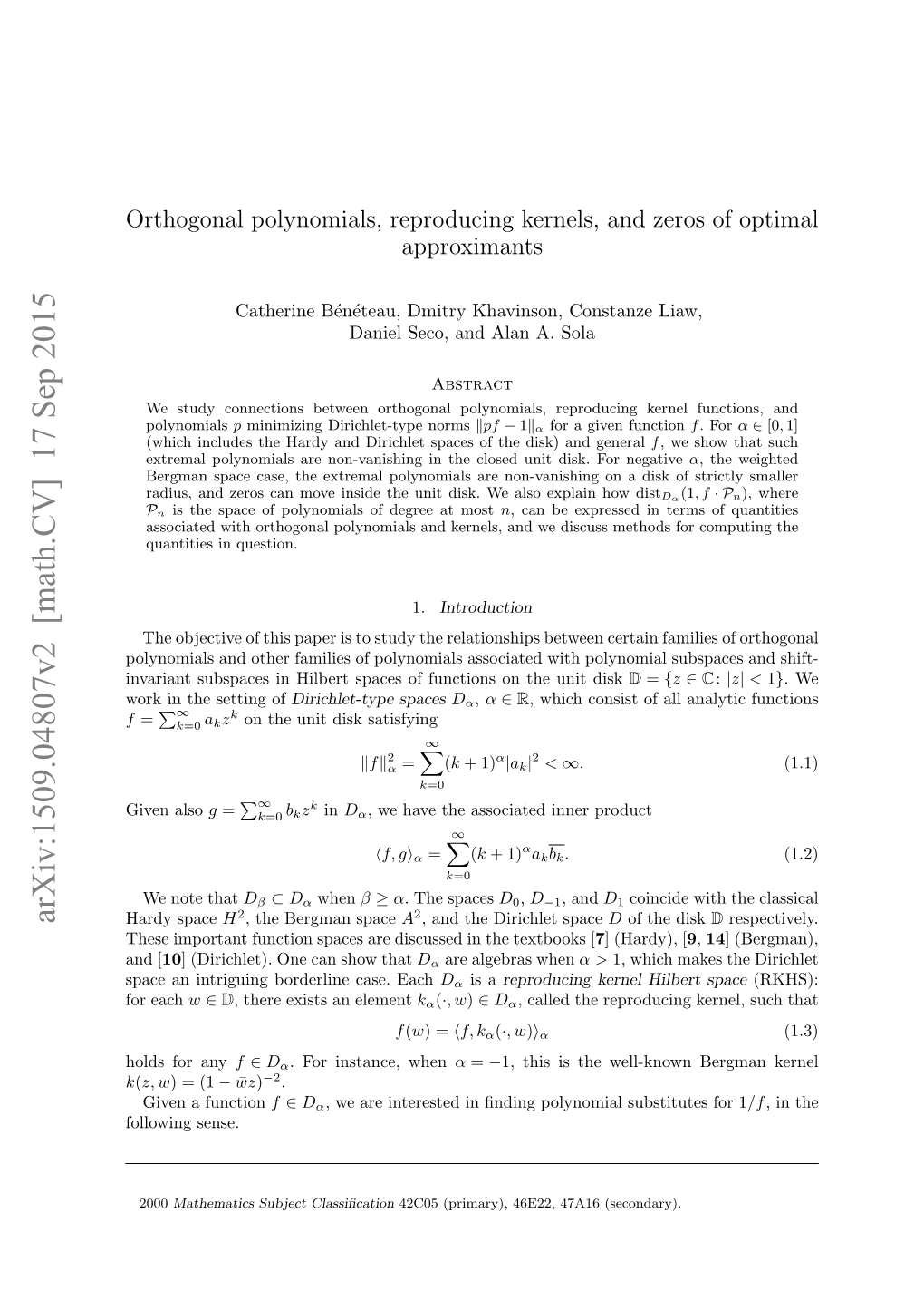Orthogonal Polynomials, Reproducing Kernels, and Zeros of Optimal Approximants