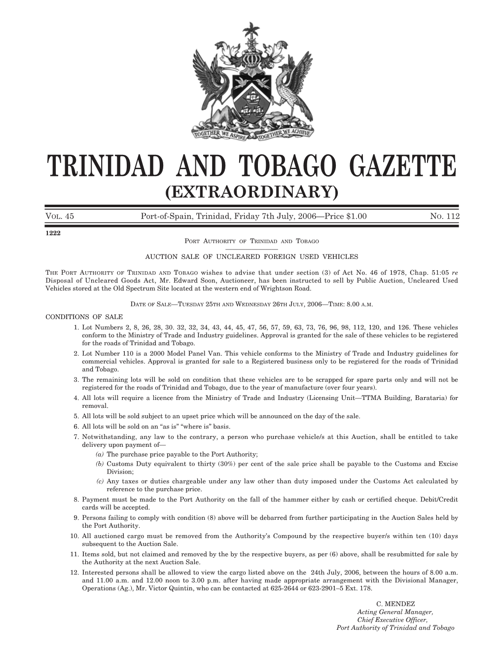 Gazette No. 112, Vol. 45, 7Th July, 2006—Extra