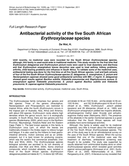 Antibacterial Activity of the Five South African Erythroxylaceae Species