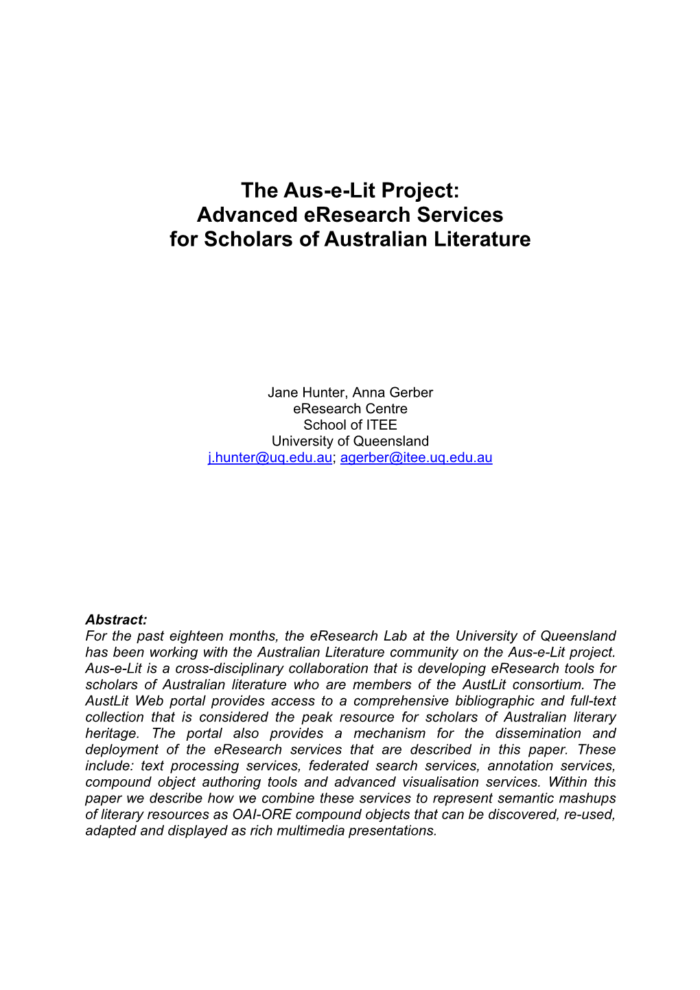 The Aus-E-Lit Project: Advanced Eresearch Services for Scholars of Australian Literature