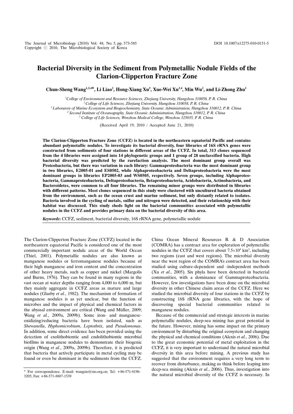 Bacterial Diversity in the Sediment from Polymetallic Nodule Fields of the Clarion-Clipperton Fracture Zone