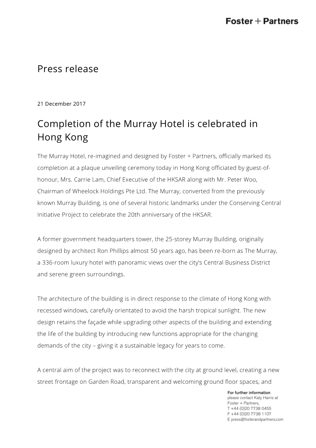 Press Release Completion of the Murray Hotel Is Celebrated in Hong