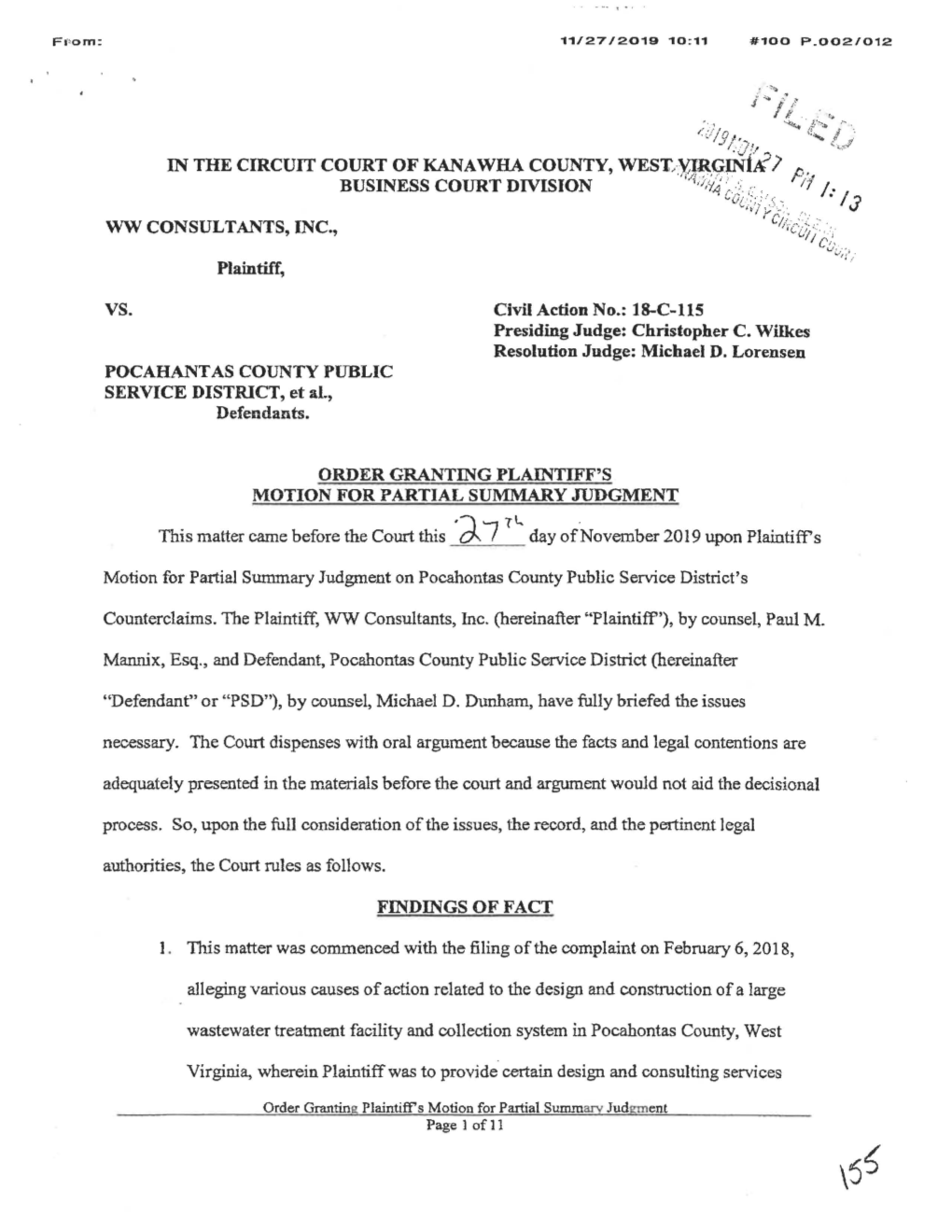 Order Granting Plaintiff's Motion for Partial Summary Judgement, 18-C-115-KAN WW