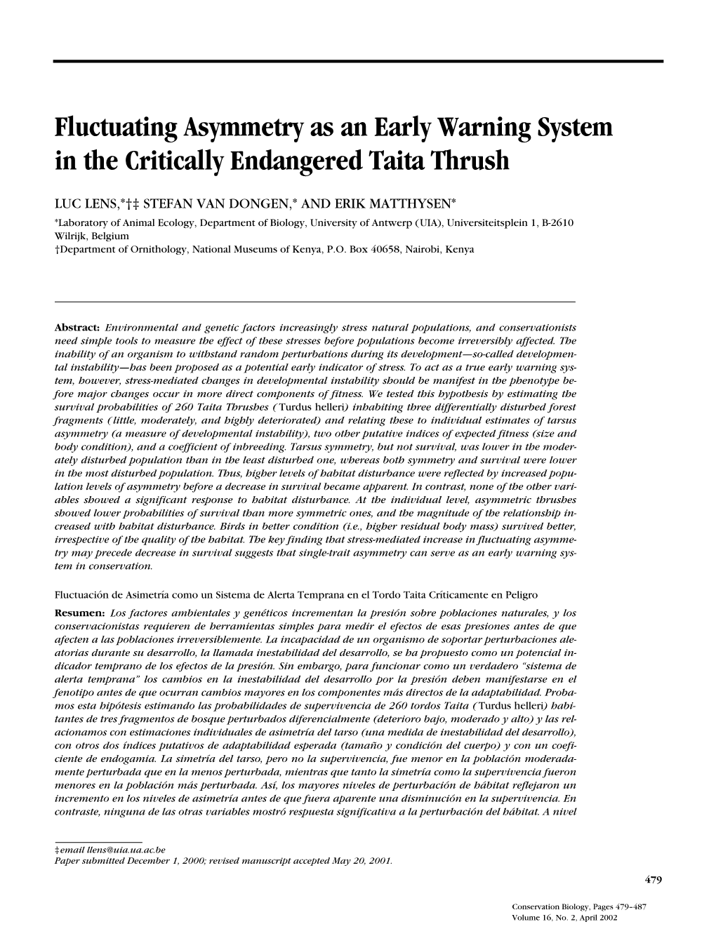 Fluctuating Asymmetry As an Early Warning System in the Critically Endangered Taita Thrush