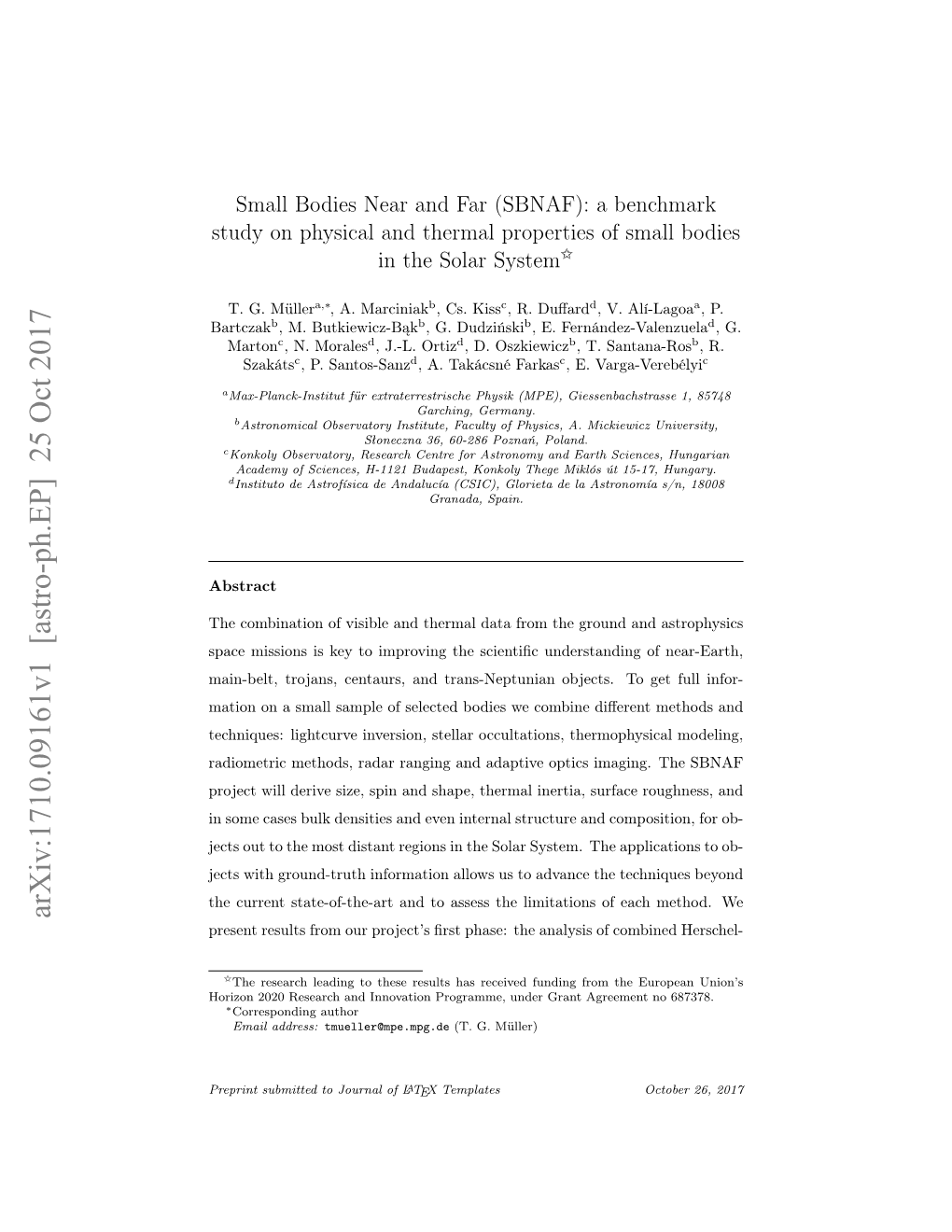 Arxiv:1710.09161V1 [Astro-Ph.EP] 25 Oct 2017 Present Results from Our Project’S ﬁrst Phase: the Analysis of Combined Herschel