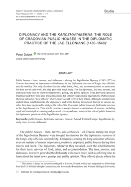 Diplomacy and the Karczma/Taberna: the Role of Cracovian Public Houses in the Diplomatic Practice of the Jagiellonians (1430–1540)1